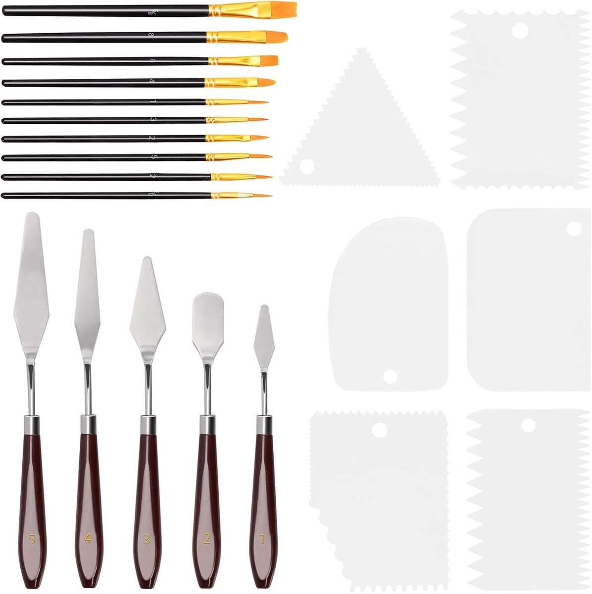 wit plastic schraper en paletmes met parelglans verf kwast schildersset, 5 stuks paletmes, 6 stuks schraper mes en 10 stuks parelglans kwast, kunsttoebehoren voor olieverfschilderijen