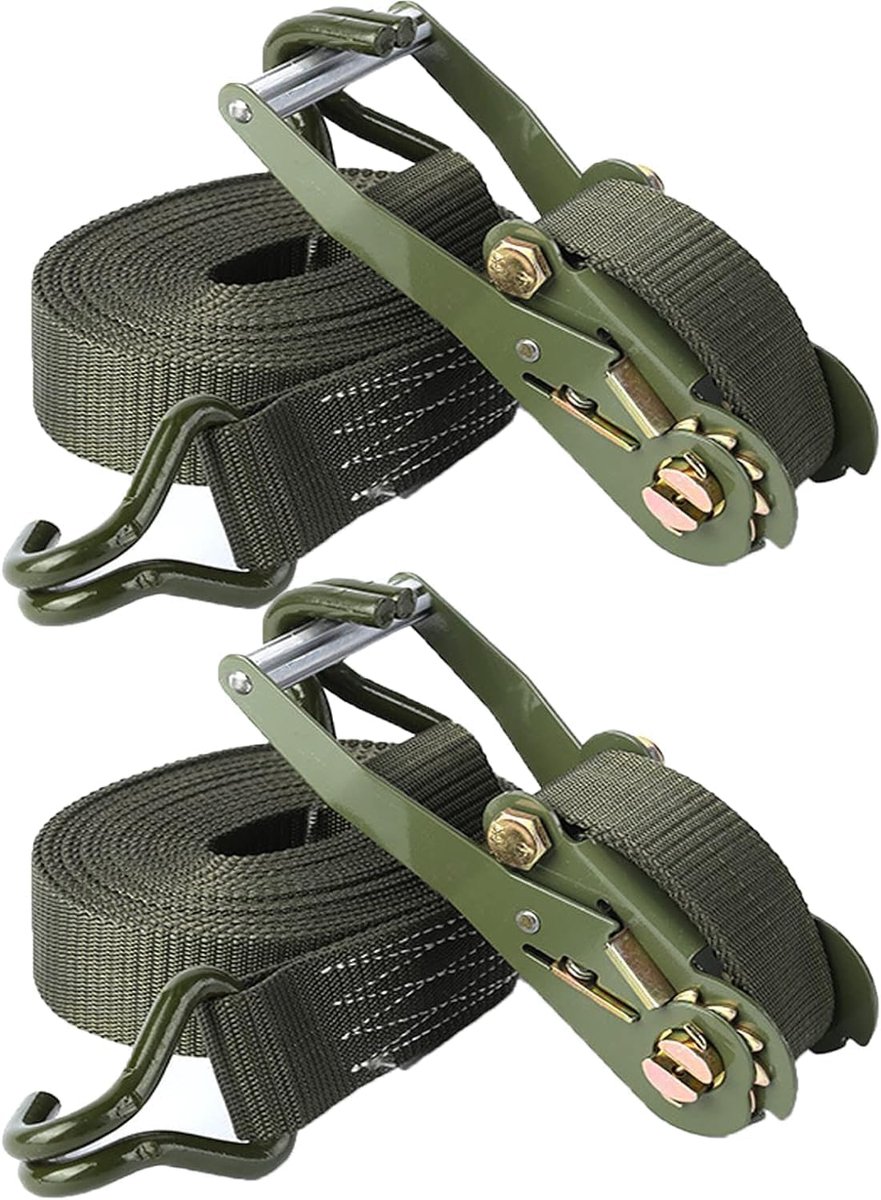 Spanbanden, 2 stuks, 3.000 kg, 6 meter, met ratel en haken, 50 mm sjorbanden, spanriem 3t, groene ratel, sjorband, ratelriemen voor auto, motorfiets, vrachtwagens