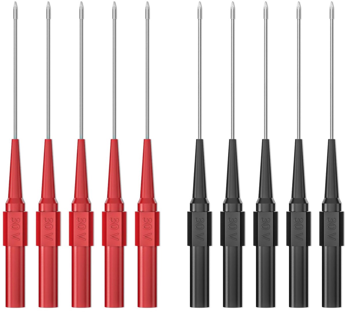 10 stuks 0,7 mm lange versie testpunten pinnen niet-destructieve isolatie draad piercing naalden roestvrij staal terug monster pinnen multimeter sondes voor 4 mm mannelijke bananenstekker rood