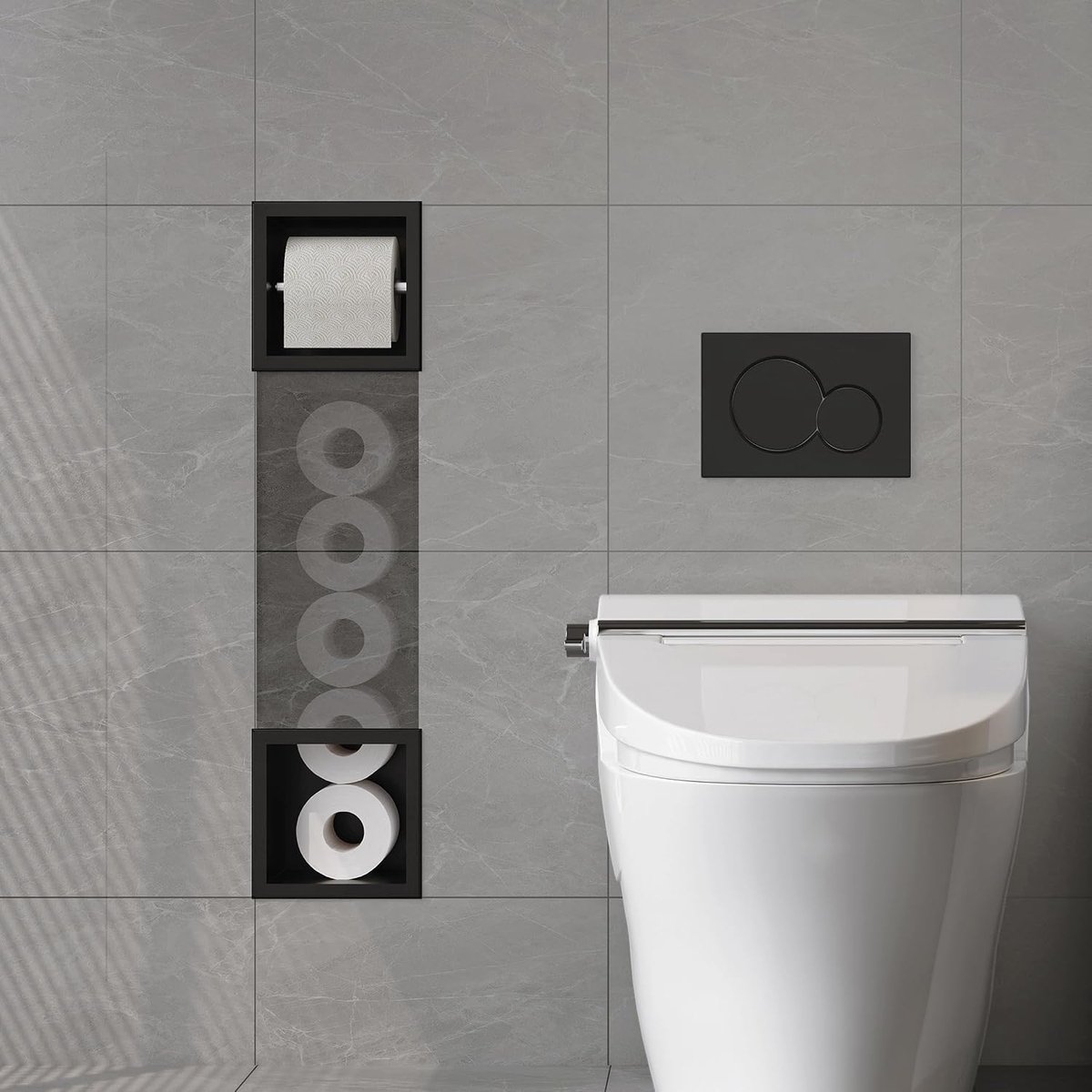 Inbouwkastmodule van roestvrij staal met toiletpapierhouder, ingebouwde badkamerkast, smalle toiletkast, 74 x 15 x 14 cm, zwart