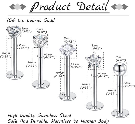 5 stuks lippiercing, 10 mm, oorbellen, roestvrij staal, 16 g, labret, zilver, goud, helix, medusa, labret, tragus, piercing, maan, Cz, vlinder, hart — afbeelding 2
