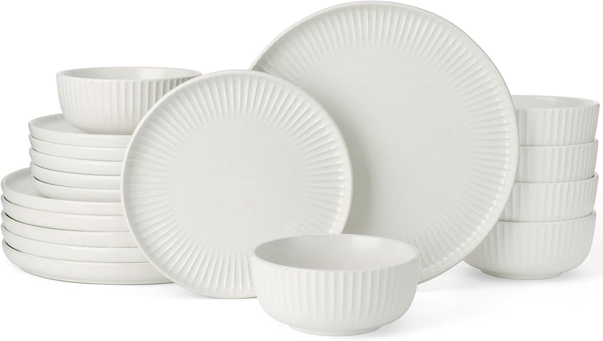 Dinersets voor 6, borden en kommen, mat wit | Servies met dinerborden, dessertborden en ontbijtkommen, met een geribbelde structuur, geschikt voor magnetron en vaatwasser