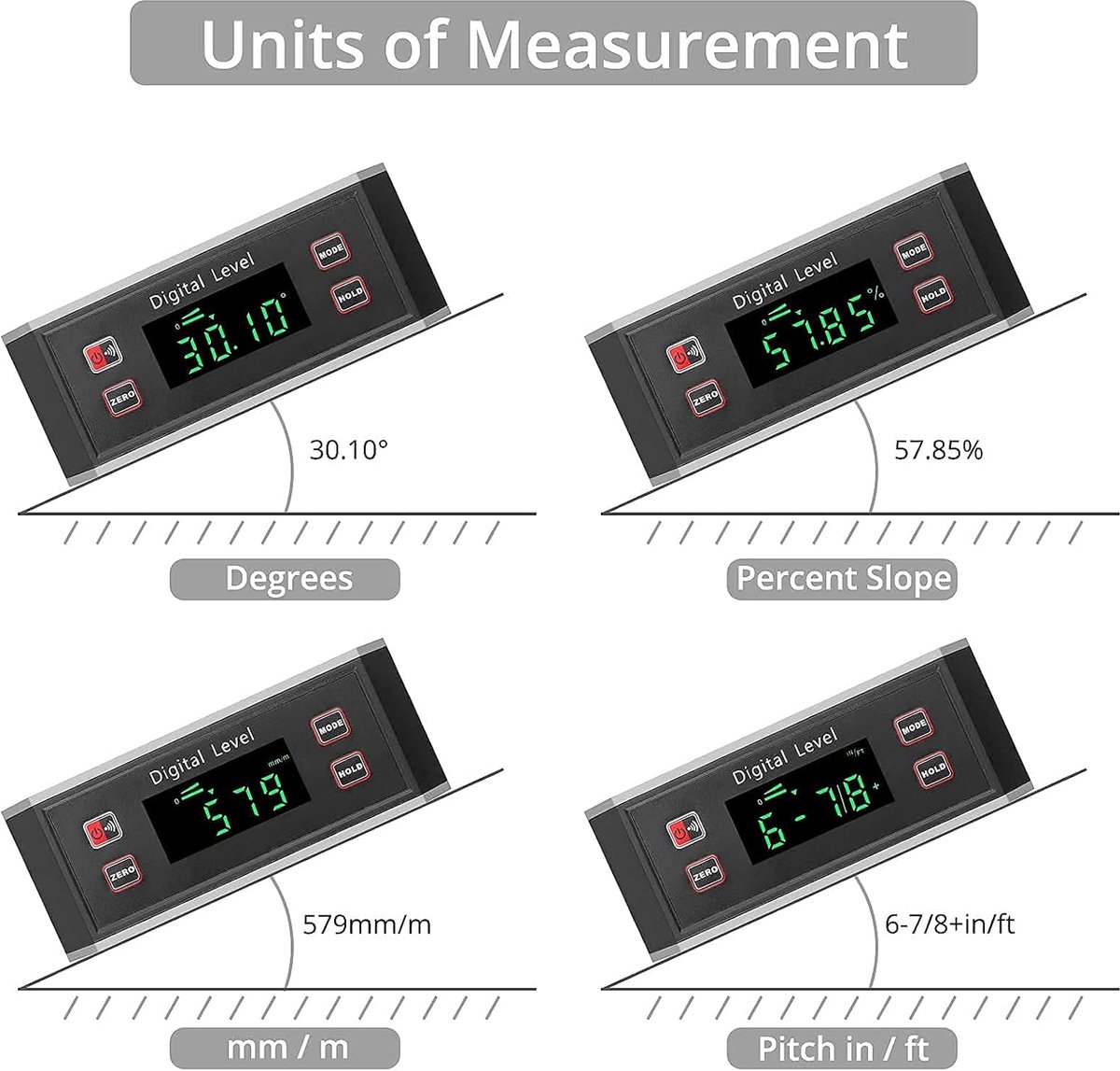 Digitale LED Groene Hoekmeter Met Magnetische Basis, Waterdichte Aluminiumlegering Inclinometer Digitale Gradenboog Omkeerbare Aflezing Hellingsmeter Gradenbox 0-90° 4 Eenheden °% Mm/m IN/FT