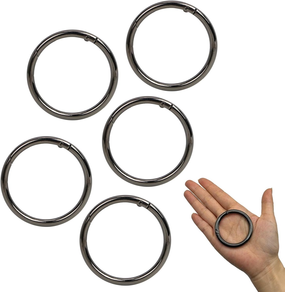 5 stuks ronde karabijnhaken, 61 mm OD, 50 mm ID, zeer robuuste zinklegering, ronde karabijnhaak, ronde grote karabijnhaak, ronde O-ring, voor tas, sleutelhanger, doe-het-zelf (zwart)