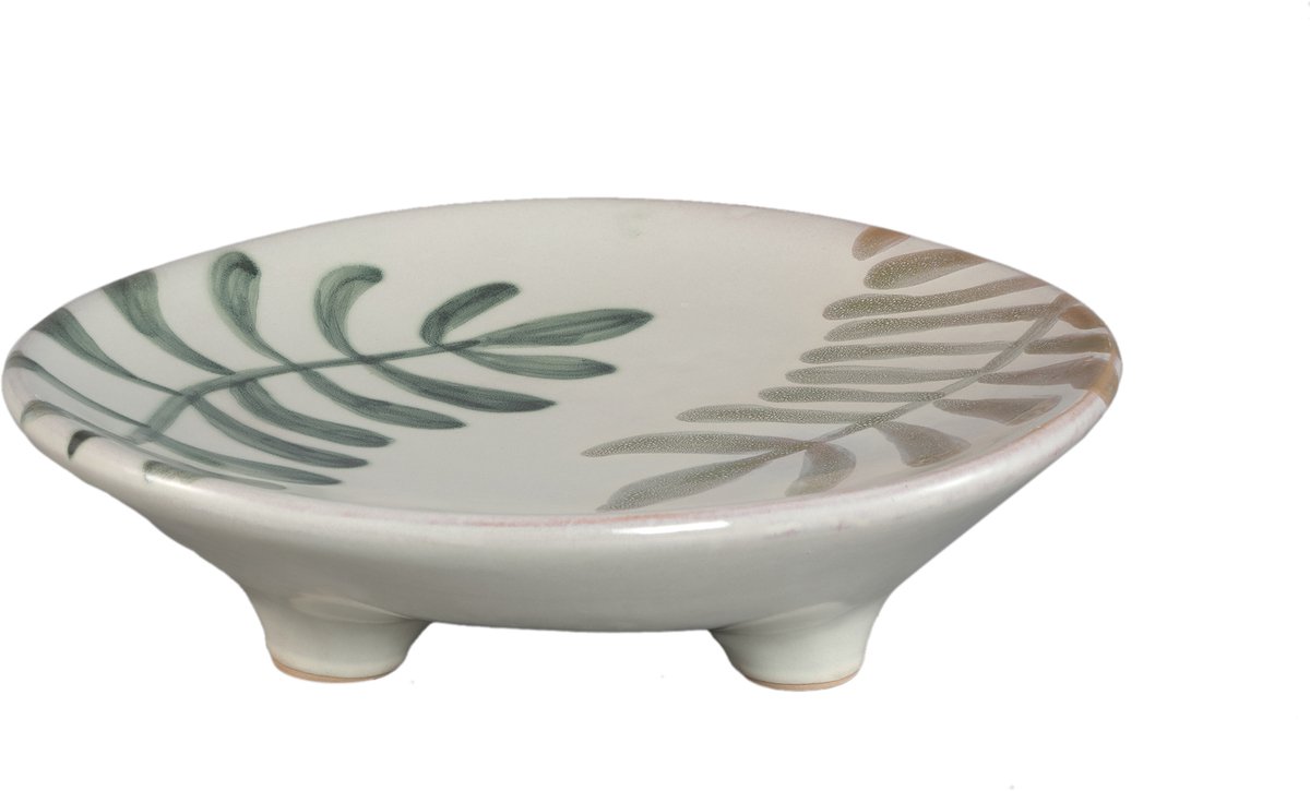 PTMD Vandy White Round Ceramic Handpainted Plate Leaves