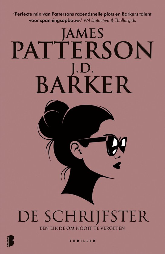 Boekcover met silhouet van een vrouw met bril, titel 'De Schrijfster' door James Patterson en J.D. Barker.