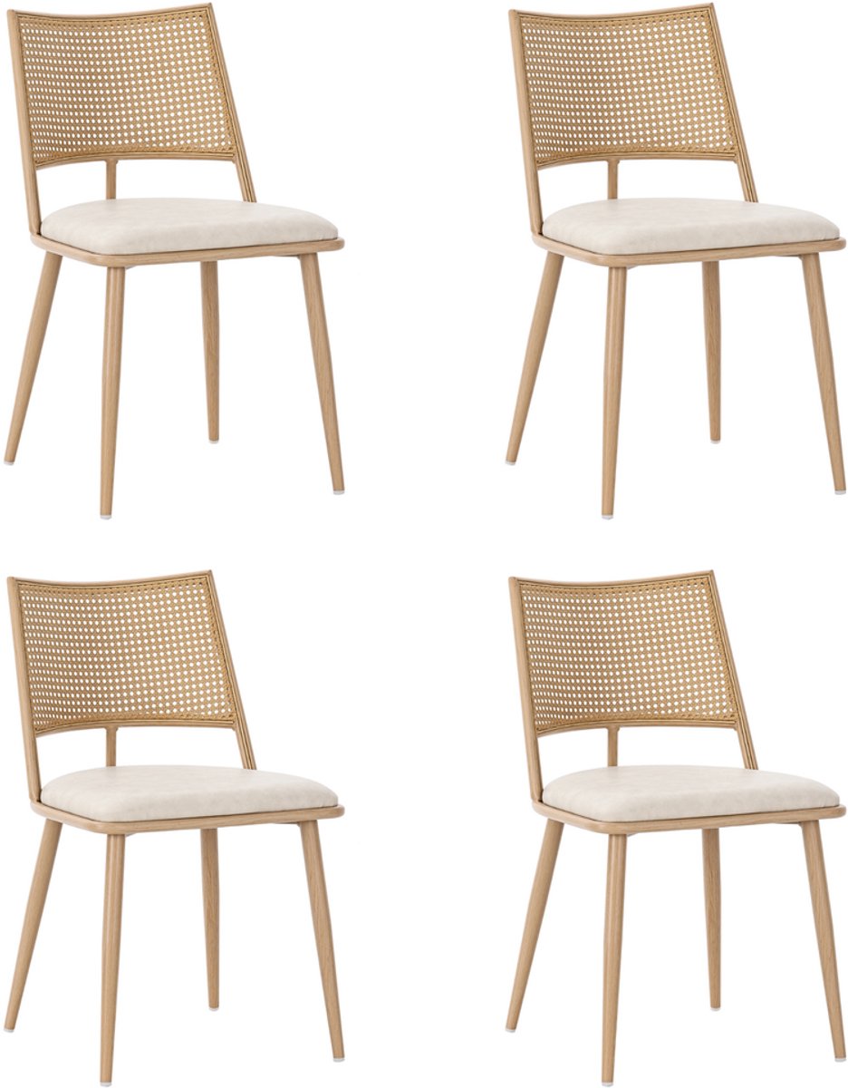 Pugsdrly 4 eetkamerstoelen, PU-zitting, rotan rugleuning, woonkamer, slaapkamerstoel, beige