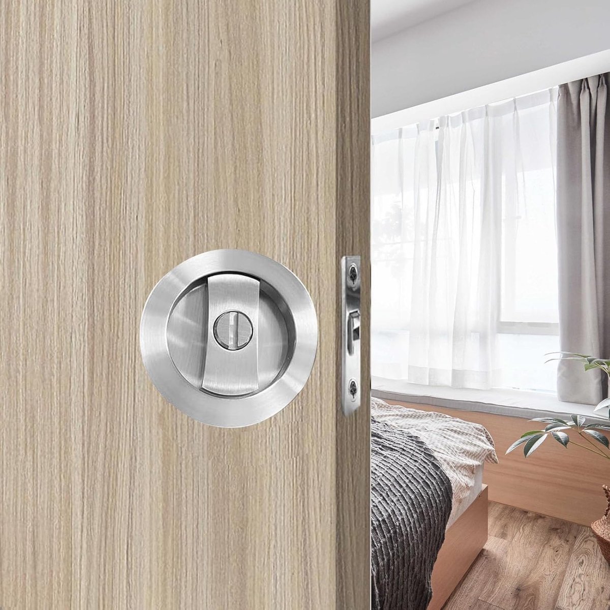 Sleutelloze Zakdeurslot - Privacy Ronde Schuifgreep, Onzichtbaar 2-zijdig, 66mm Zilver