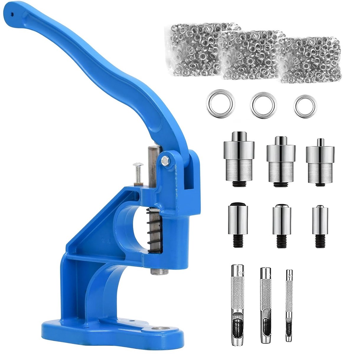 Set van 1500 professionele oogpersen - Nesteltang - Oogpers - Knoptang - Handpers - 6/10/12 mm - Voor ogen, klinknagels, textiel, lederen gordijnen - Blauw
