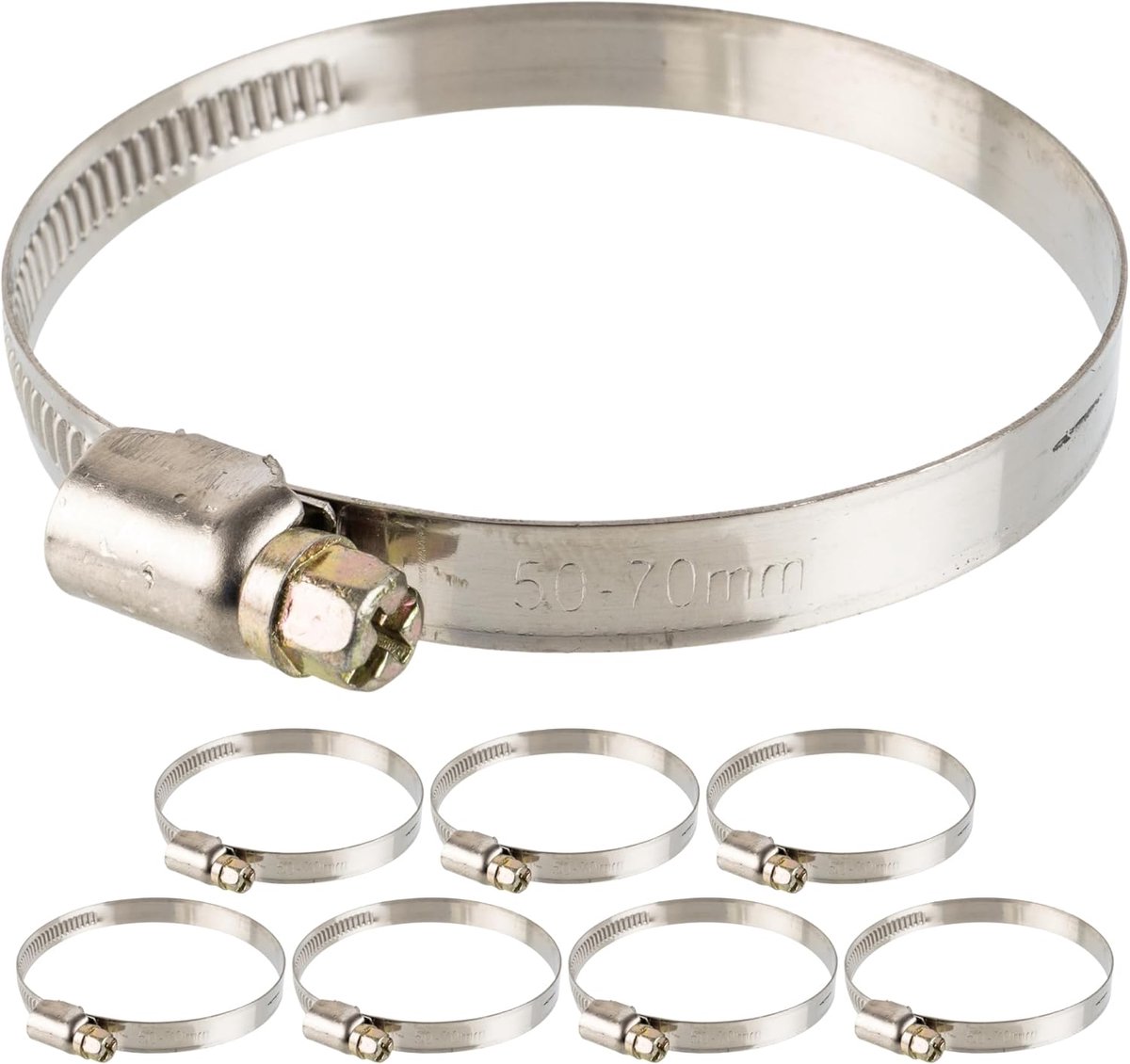 Slangklemmen met wormwielaandrijving, 8 st, klembereik Ø 50-70 mm, voor 2 1/2" slangen, W2 roestvrij staal, kruisgleuf 7, 9 mm bandbreedte, bevestigen van wasmachines, vaatwasseraansluiting