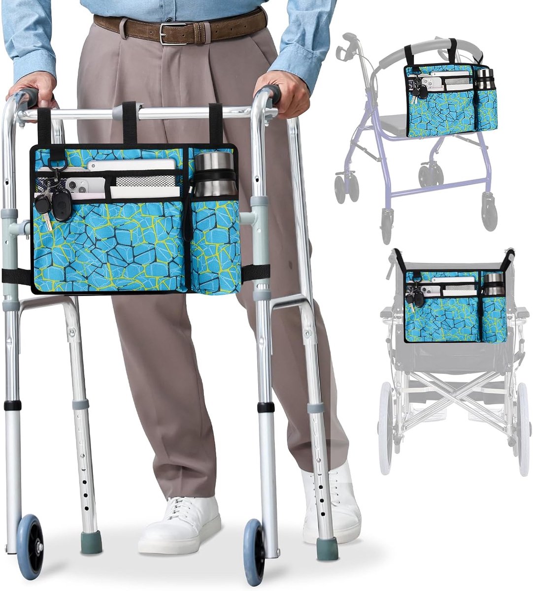 supregear Tas voor Rollator, Rolstoel, Looprek - Opbergtas met Bekerhouder - Rolstoeltas voor Senioren, Waterafstotend, Grote Opbergruimte, Bevestigingsband (Blauw Ruit)