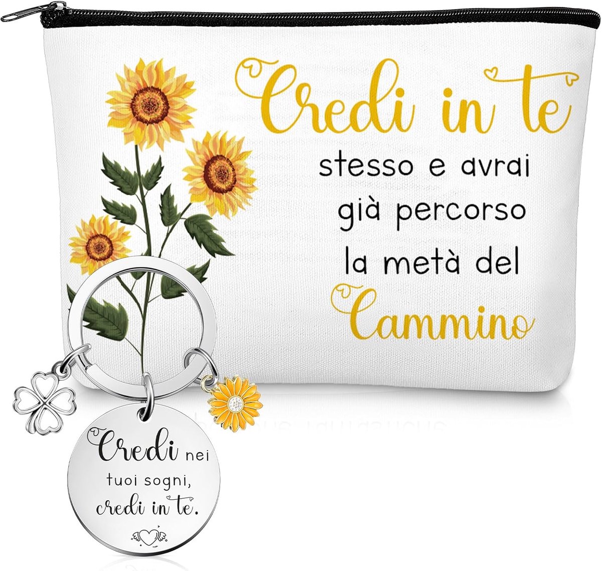 Motiverende geschenkset make-up tas zonnebloem sleutelhanger inspirerende make-uptas canvas cosmetische tas afstuderen cadeau Kerstmis voor vriend familie, Wit, 23 x 15 x 5 cm