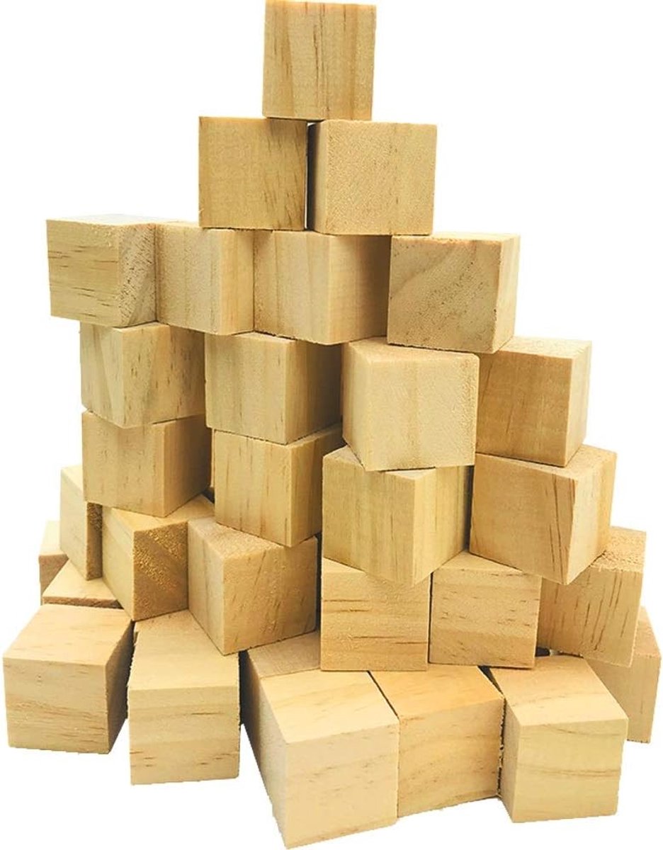 Houten Kubussen 2x2x2cm - Natuurlijk Onbewerkt Blokken - Educatieve Blanco Knutselmateriaal Voor DIY Kunst, Schilderen, Stempelen, Puzzels, Cijfers - 70pak