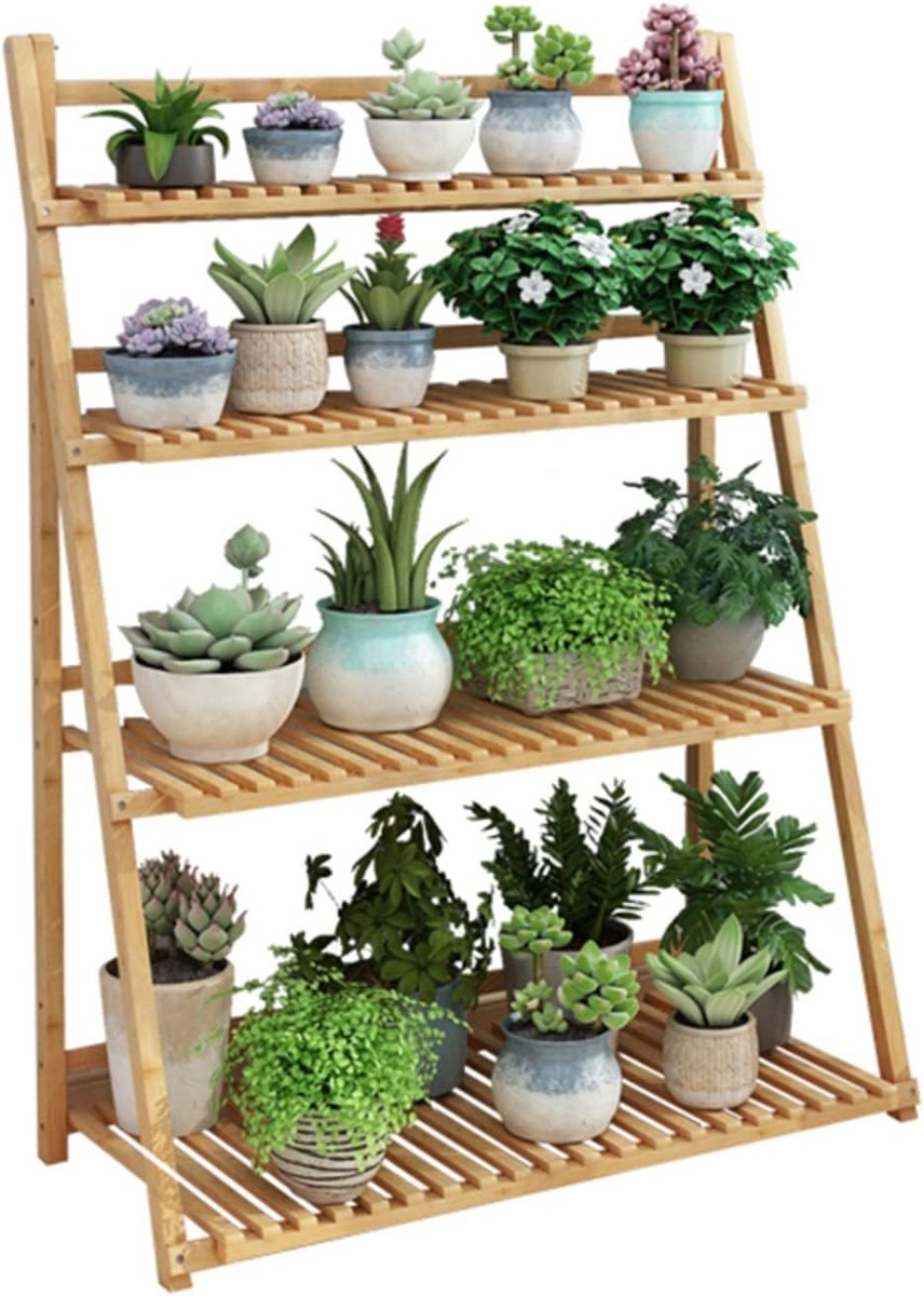 Ladder Plantenrek 4-laags Opvouwbaar Bloempot Rack Binnen en Buiten Balkon Tuin Display Opbergrek Vloerstaande Massief Hout Sappig Groen Radijs Rack