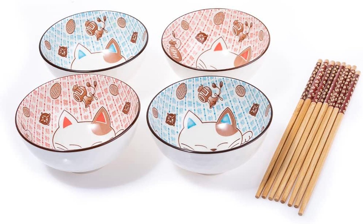 lachineuse - Set van 4 kommen met Japanse kat, diameter 11 cm – rijstkommen, ontbijt en soep – Japans servies van porselein – met eetstokjes – Maneki Neko geluksbrenger – Kawaii Japans decoratief
