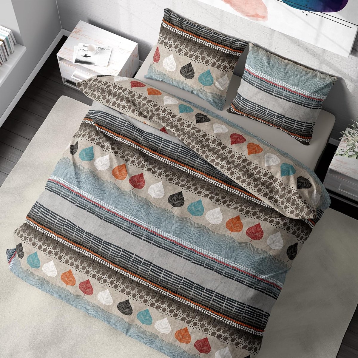 beddengoed, 200 x 200 cm, 100% katoen, Öko-Tex-gecertificeerd, renforcé, ademend en hypoallergeen, met ritssluiting, 3-delig, dekbedovertrek + 2 kussenslopen 80 x 80 cm, bruin, blauw