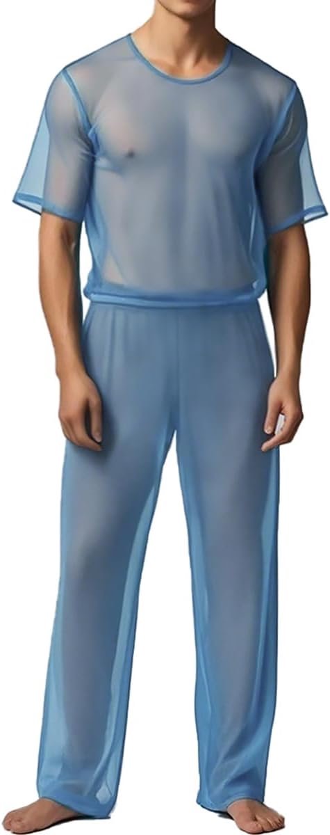 pyjamasets voor heren, doorzichtig, sexy, mesh, casual, T-shirt, loungebroek, nachtkleding