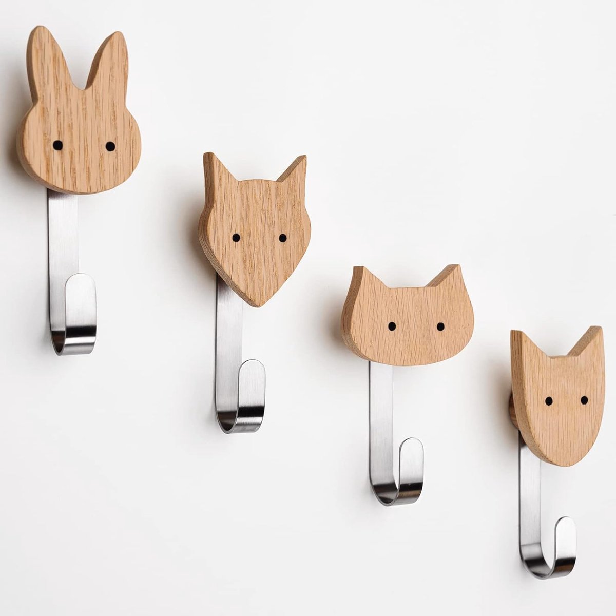 Wandhaken voor kinderen van eikenhout (set van 4) – Kledinghaken en kinderkapstok voor de kinderkamer – Diermotieven: hond, kat, vos, haas – Schattige en hoogwaardige Scandinavische kinderkapstok