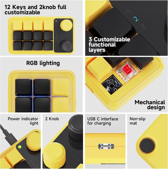 mechanisch macrotoetsenbord met programmeerbaar RGB-macrotoetsenbord met hot-swap-ondersteuning voor pc-games/fotoproductie/bewerking (geel zwart) — afbeelding 3