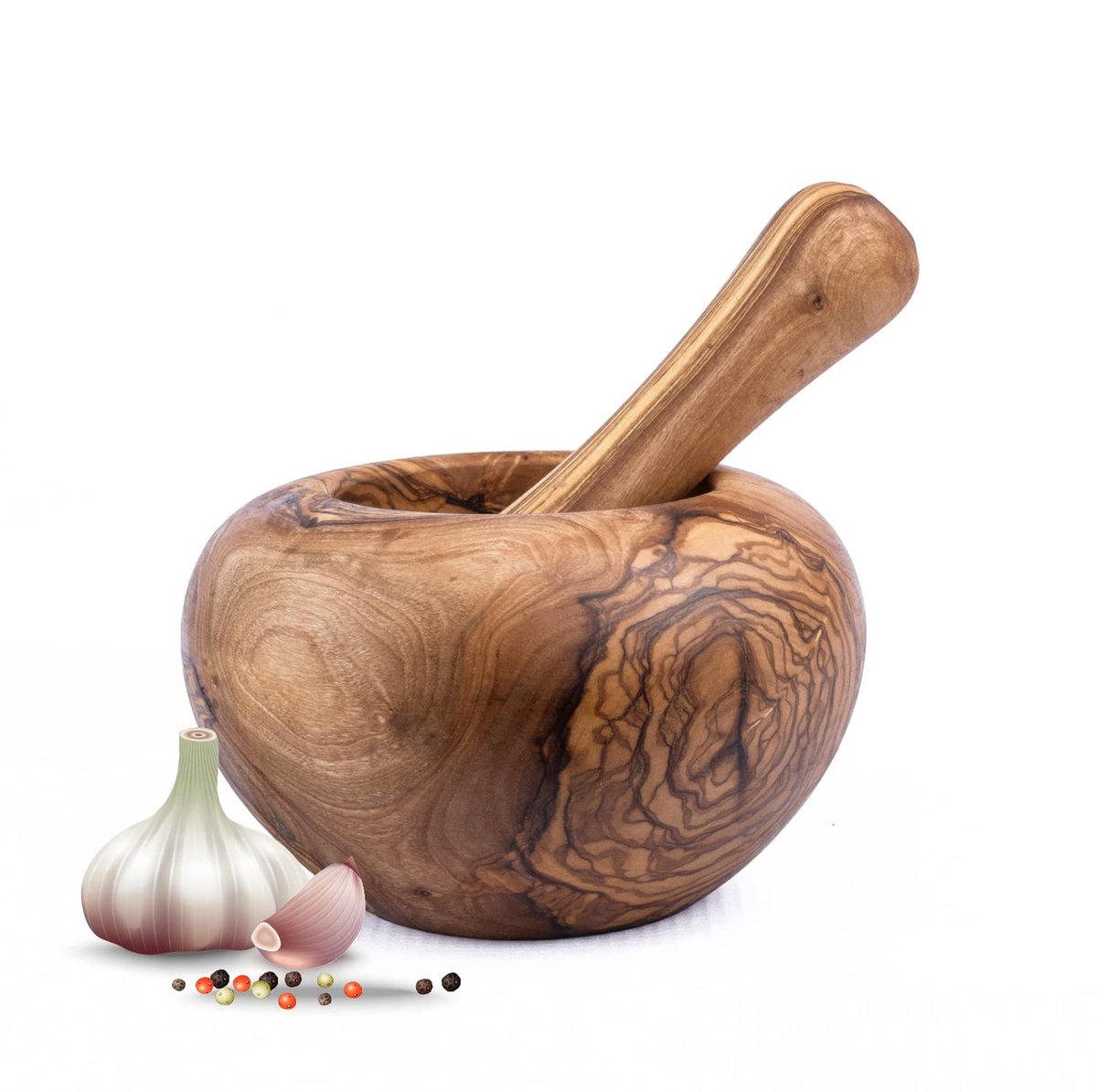 Mortel met stamper van olijfhout, handgemaakt met natuurlijke rand, keukenvijzel houten vijzel - duurzame kruiden- en kruidenvijzel (Ø 12 cm)