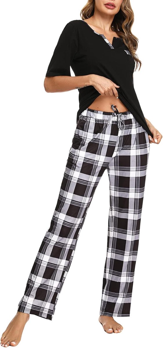 Pyjamaset voor dames, katoen, nachtkleding, effen top met korte mouwen + 2-delige geruite pyjamabroek voor dames, Zwart, M