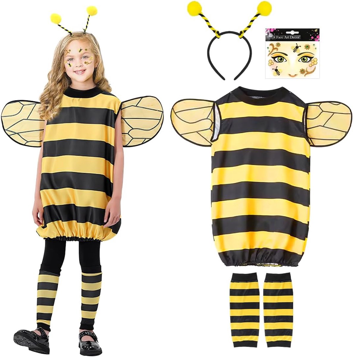 Bijenkostuum voor kinderen, geel, gestreepte jurk, bij hoofdband, bijenkostuum met vleugels, bijenkostuum voor carnaval, cosplay, dieren, feest