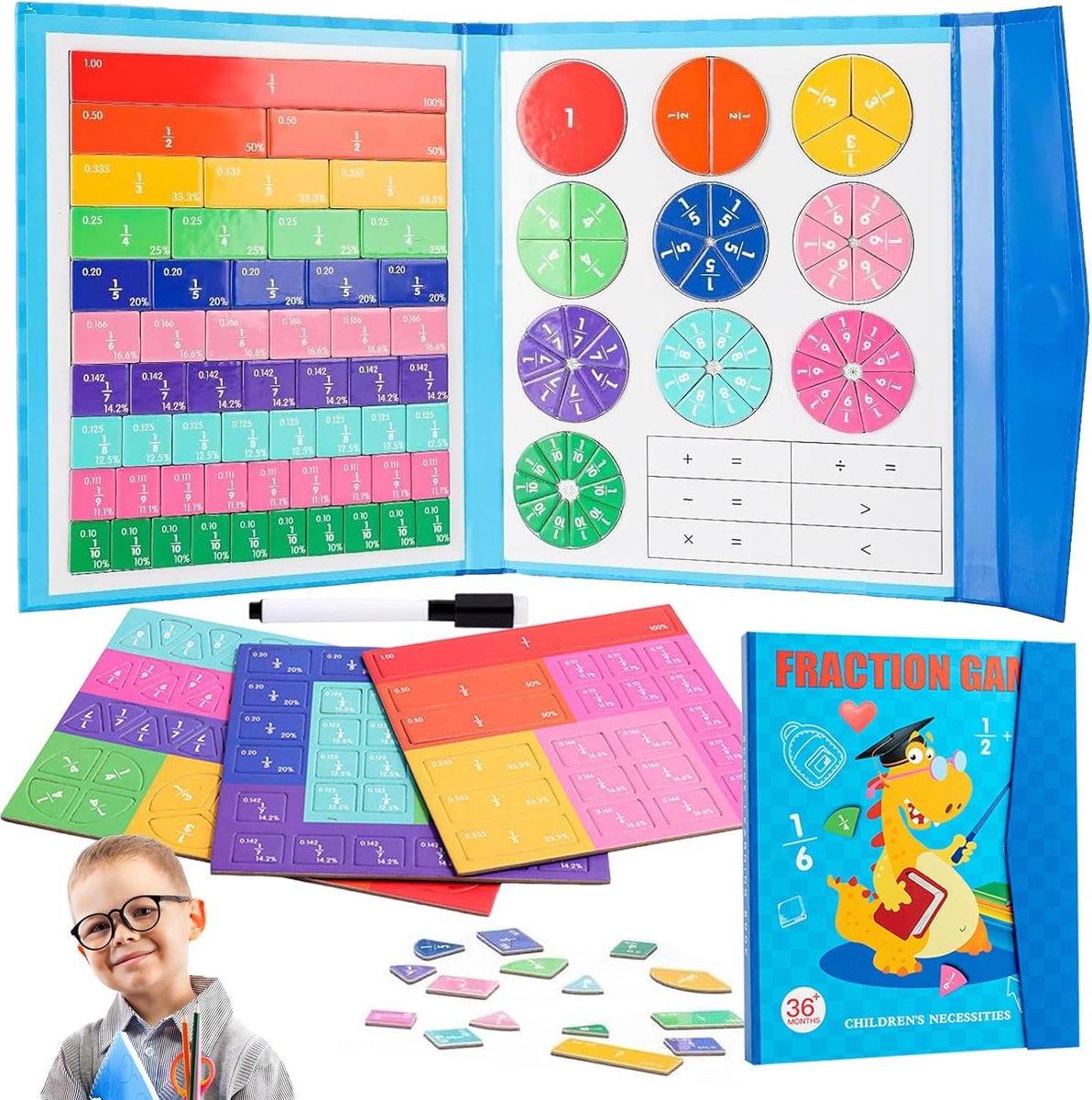 magnetisch boek, fractie puzzel voor kinderen, magnetisch breukboek, breekboekje, magnetisch materiaal, Montessori breukrekenen voor kleuterschool, basisschool, wiskunde, leermiddel