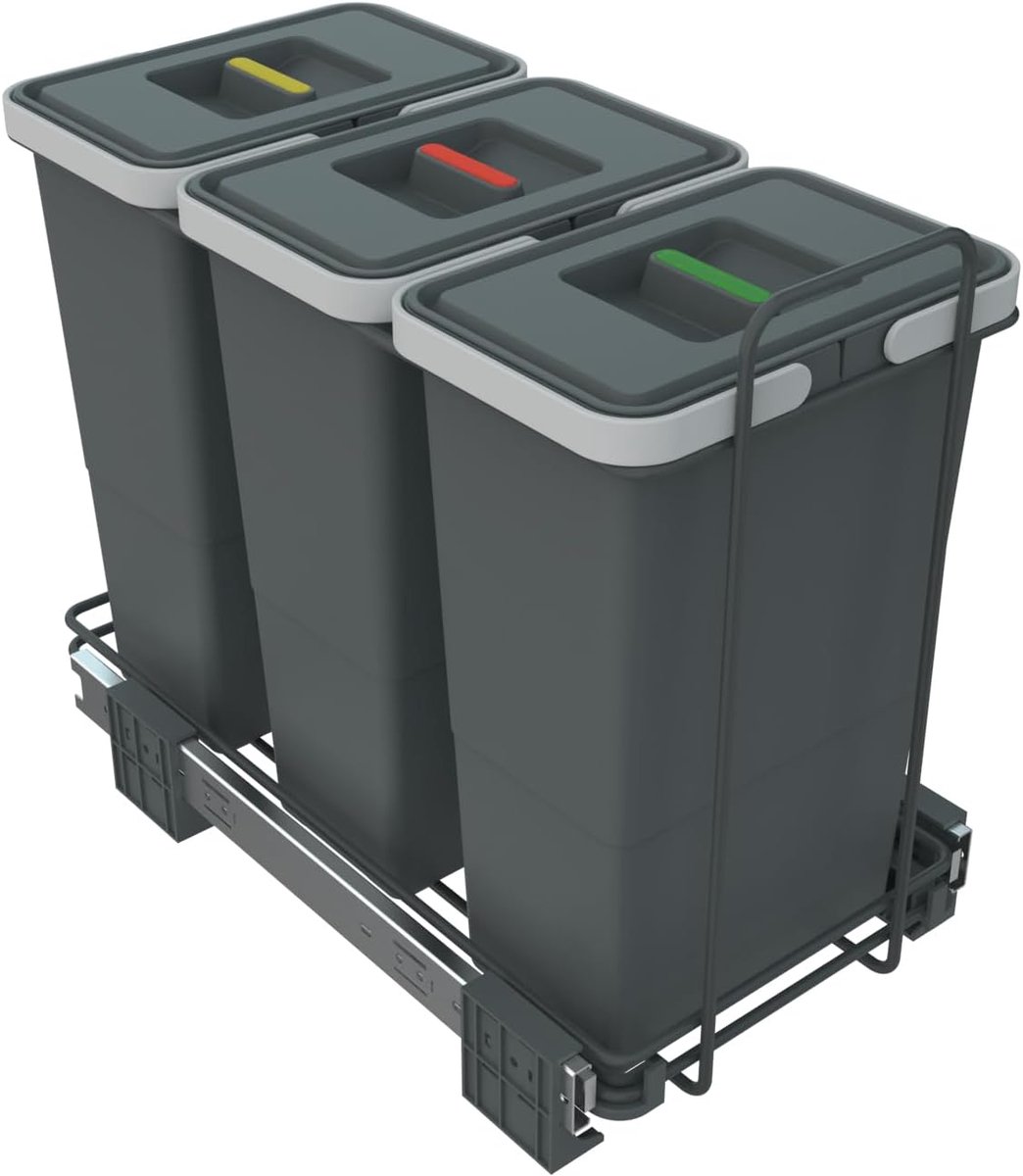 SnelShoppen - Afvalscheidingsbak Uitrekbaar voor Basis, Plastic en Metaal, Grijs, 23 x 45 x 36 cm, 3x8 Liter, Keuken, Tuin, Feest