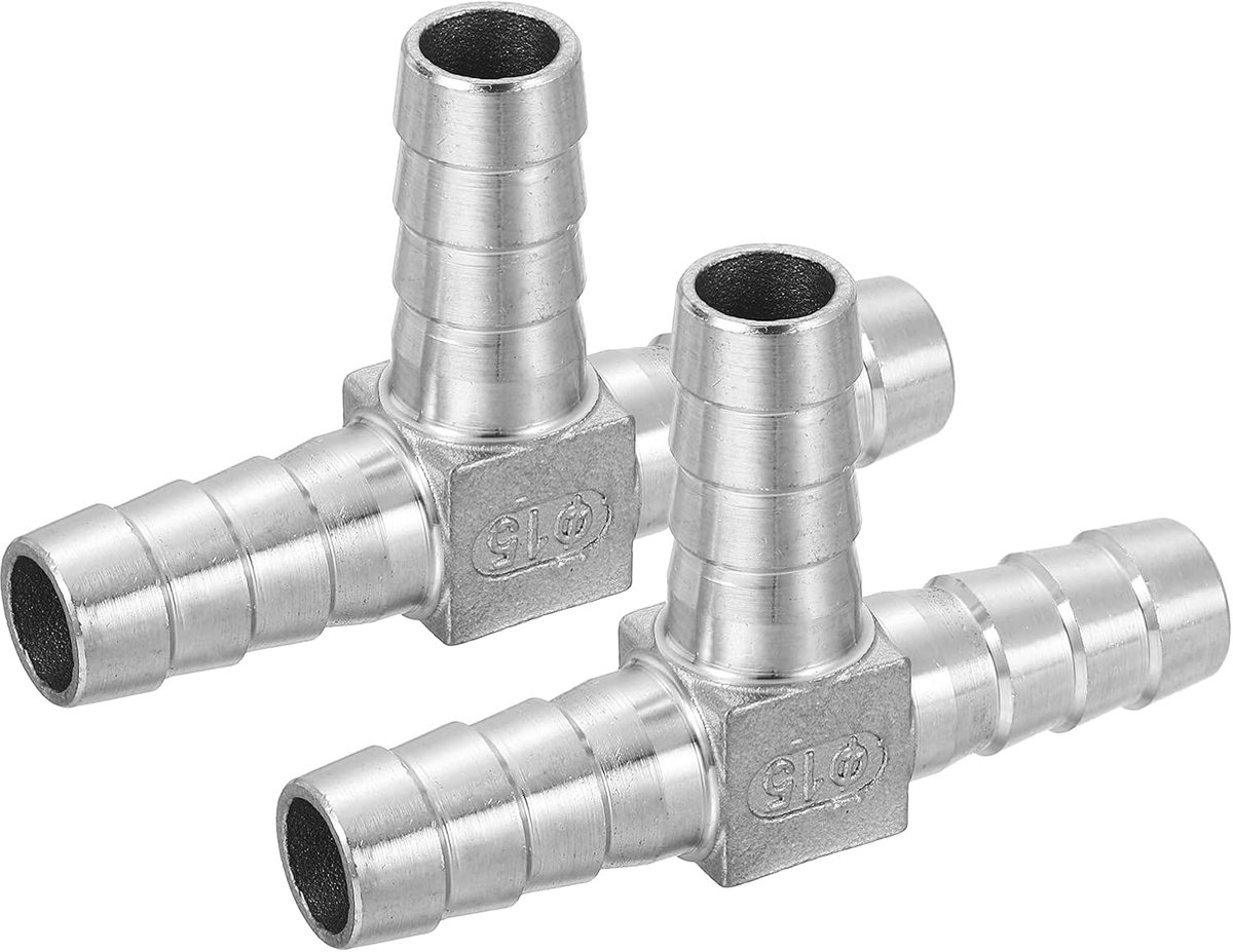 2 stuks, diameter 15 mm, T-stuk, verloopstuk, buisschroefverbinding, 304 roestvrij staal, 3-weg buisfitting, adapter voor vacuümsystemen, industriële buisverbindingen, zilver