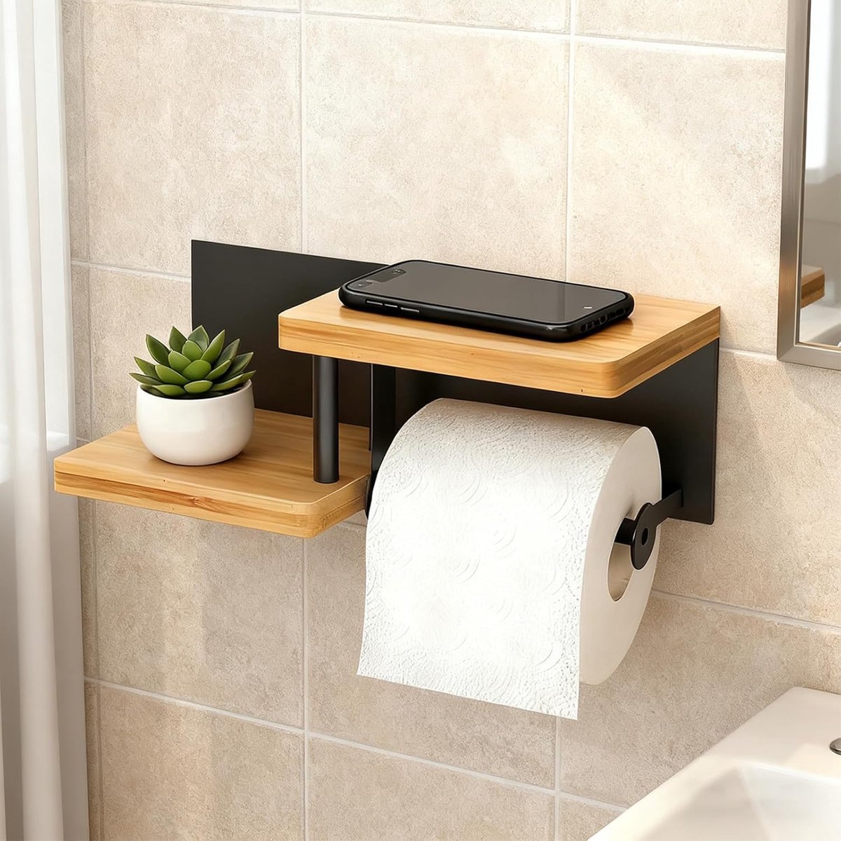 Toiletpapierhouder, wandgemonteerde toiletpapierhouder aan de muur, wc-papierhouder met twee houten platen, montageaccessoires, volledig, voor papierrollen en kleine voorwerpen