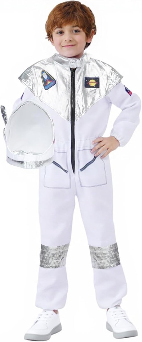 kostuum voor kinderen, astronautenkostuum, fantasiekostuum, ruimtepak, astronaut met astronaut helm voor Halloween, cosplay, carnaval
