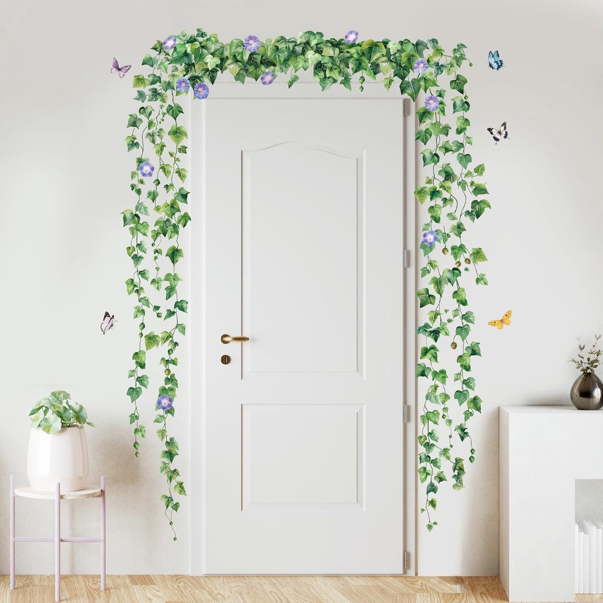 paarse Morning Glory muursticker Peel and Stick, Zelfklevende Vinyl Groen Opknoping Wijnstok Muursticker, Ivy Muur Decor Art Woondecoratie voor Woonkamer Slaapkamer