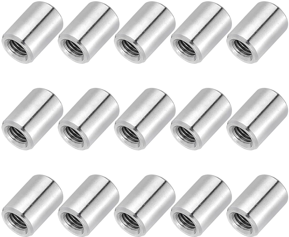 Ronde koppelingsmoeren van roestvrij staal 304 M6 x 1 mm splitsing, 15 stuks 15 mm metrische lengte grote huls stang compleet, kleur zilver