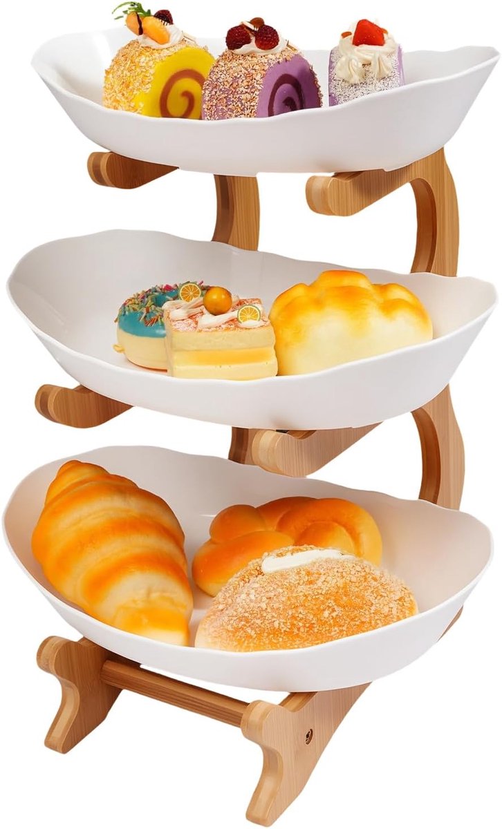 Fruitschaal met 3 verdiepingen, fruitmand, serveerstandaard, serveerschaal, met inklapbare stordierstandaard, voor fruit, groenten, snack, noten, dessert, cake, dienblad voor feest, bruiloft