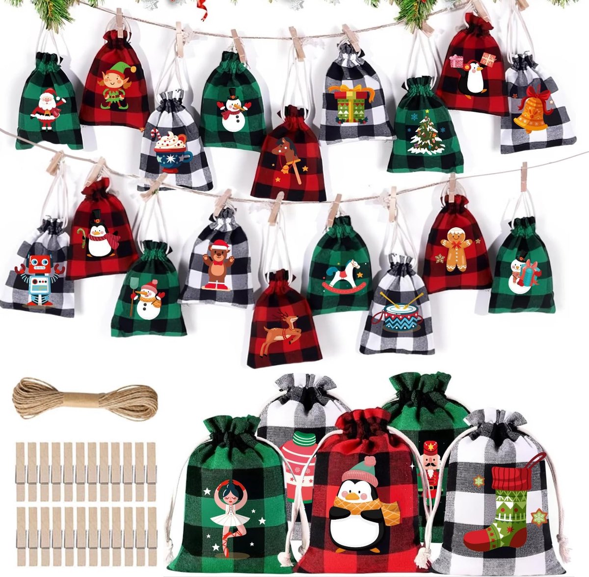 Adventskalender om zelf te vullen, 24 stoffen zakjes, knutselset (met houten clips, touw), kerstkalender om zelf te vullen voor doe-het-zelf kerstdecoratie