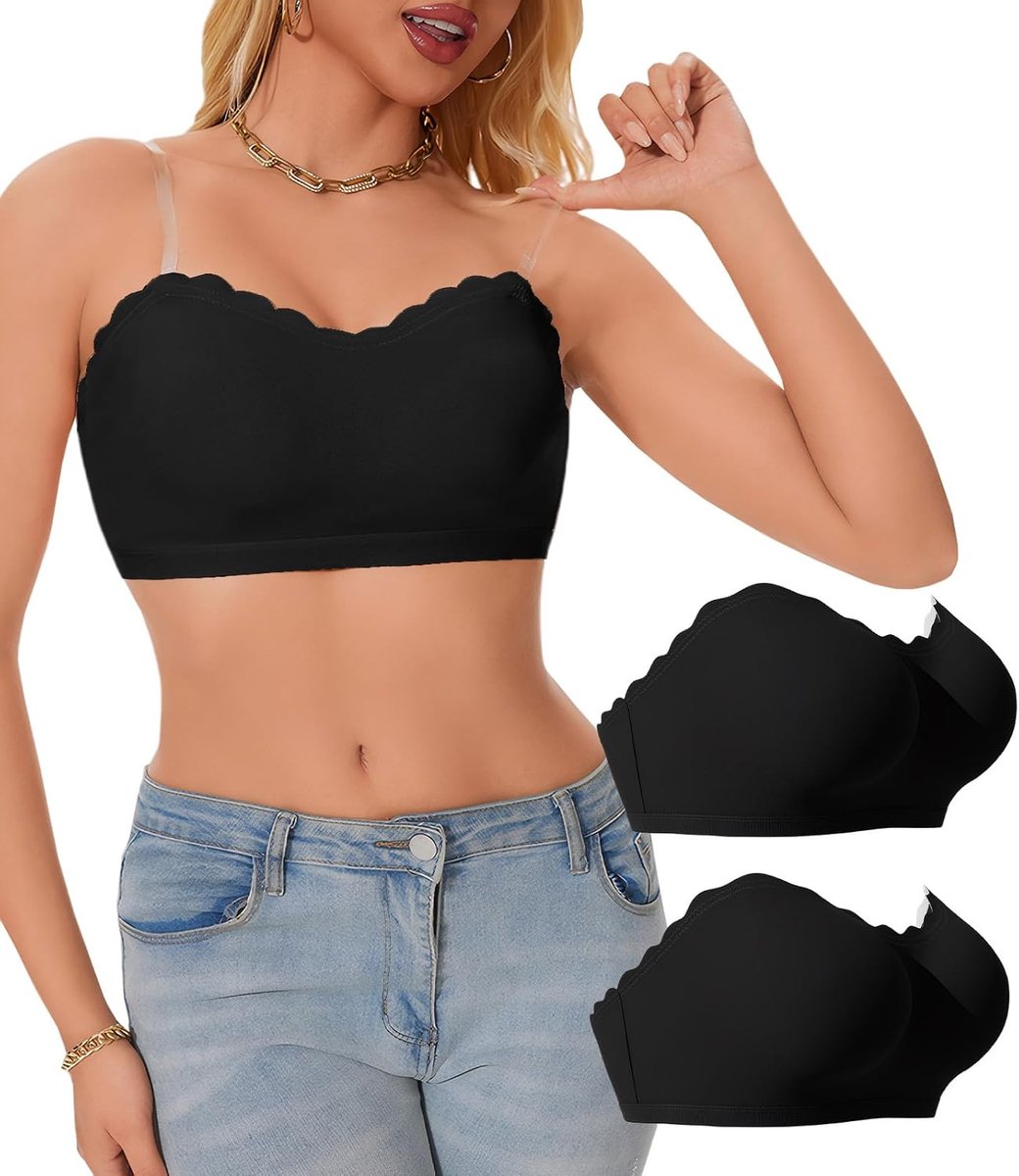 2-delige onzichtbare strapless beha voor dames, zonder beugel, decolleté, bustier zonder vulling, naadloze beha met afneembare schouderriem, transparant, S-XL