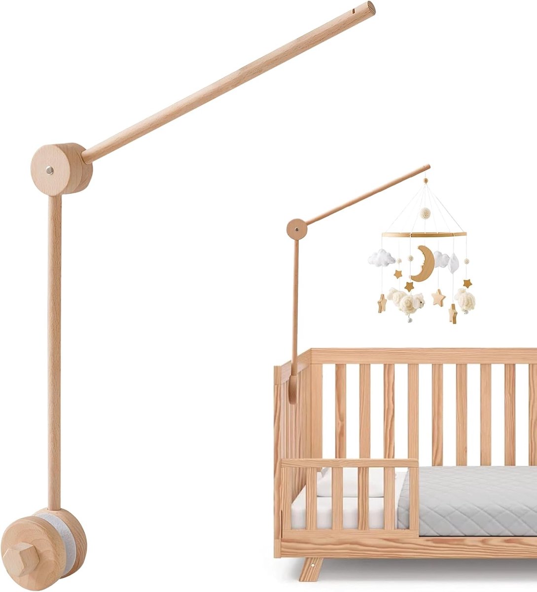 Mobiele houder, in hoogte verstelbare houten standaard voor baby's, om op te hangen, windgong, bedbel, doe-het-zelf draaibare vaste bodem, geschikt voor kinderbedden en luiertafels