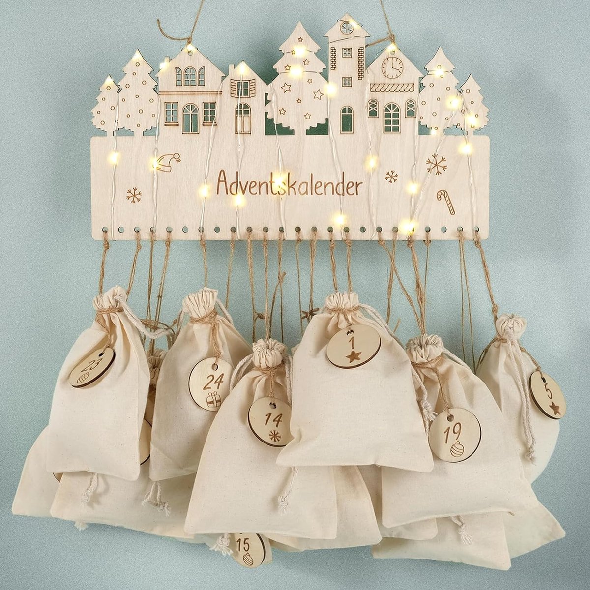 LOVE MOM Adventskalender om te vullen, 24 katoenen zakjes en houten cijferhangers, herbruikbare adventskalender om zelf te vullen, doe-het-zelf kerstdecoratie