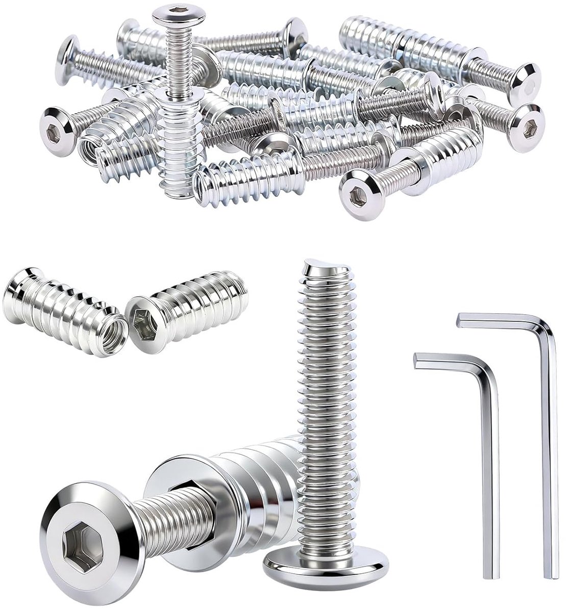 Sets inschroefmoeren M6 x 20 mm, platte kopschroeven, M6 x 25 mm, roestvrij staal, schroefdraadhulzen voor hout, schroefdraadinzet rampamuf, schroefdraad met 2 sleutels voor houten meubels