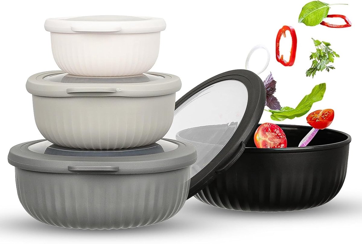 Set van 4 BPA-vrije Saladekommen (0,4 l/0,78 l/1,4 l/2,2 l) voor Magnetron en Vaatwasser, Ideaal voor Keuken en Salades, Zwart