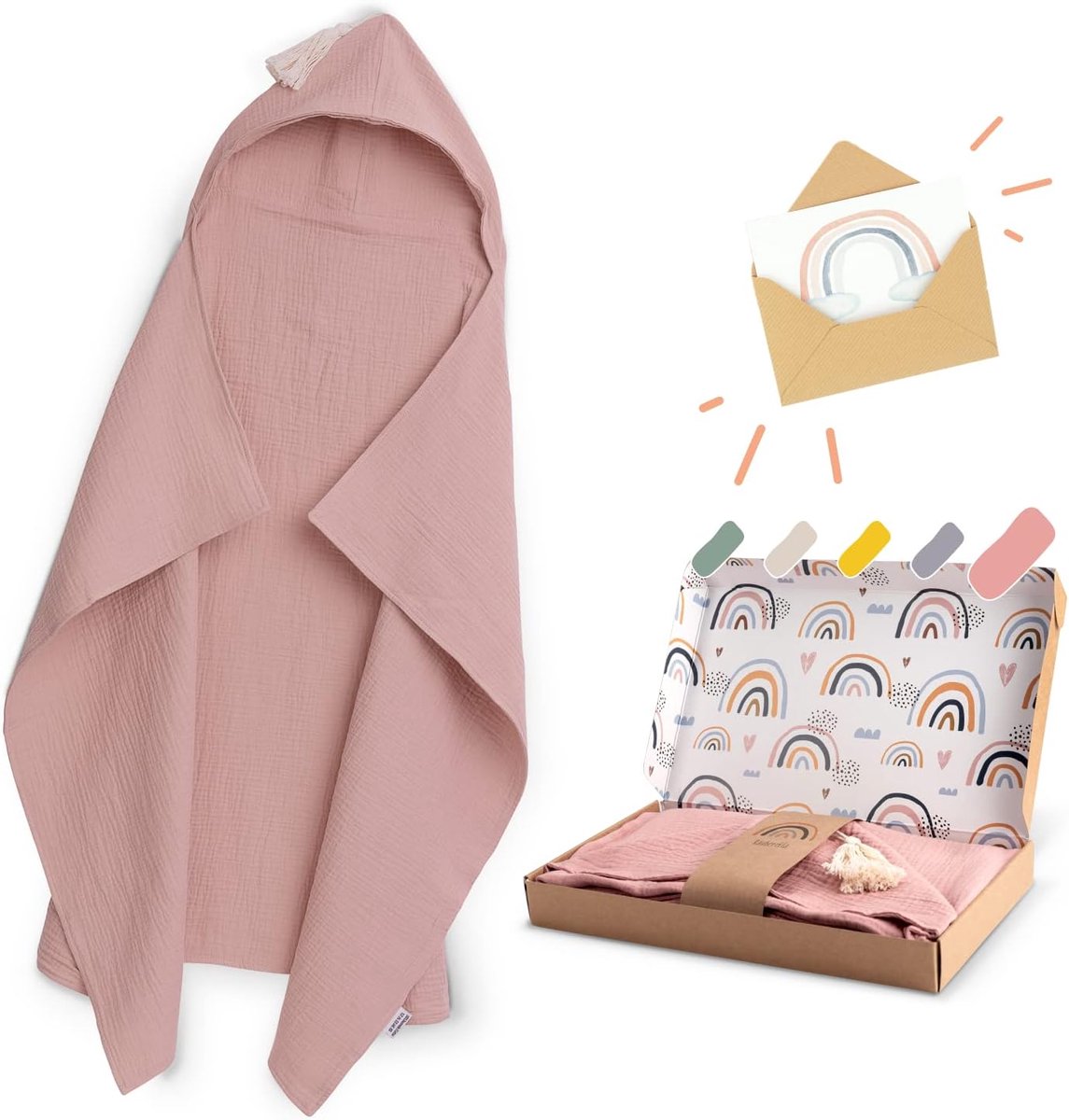 SnelShoppen - Capuchonhanddoek baby oud-roze 75x100cm - Mousseline badhanddoek 100% biologisch katoen - Absorberende babyhanddoek met capuchon - Badha