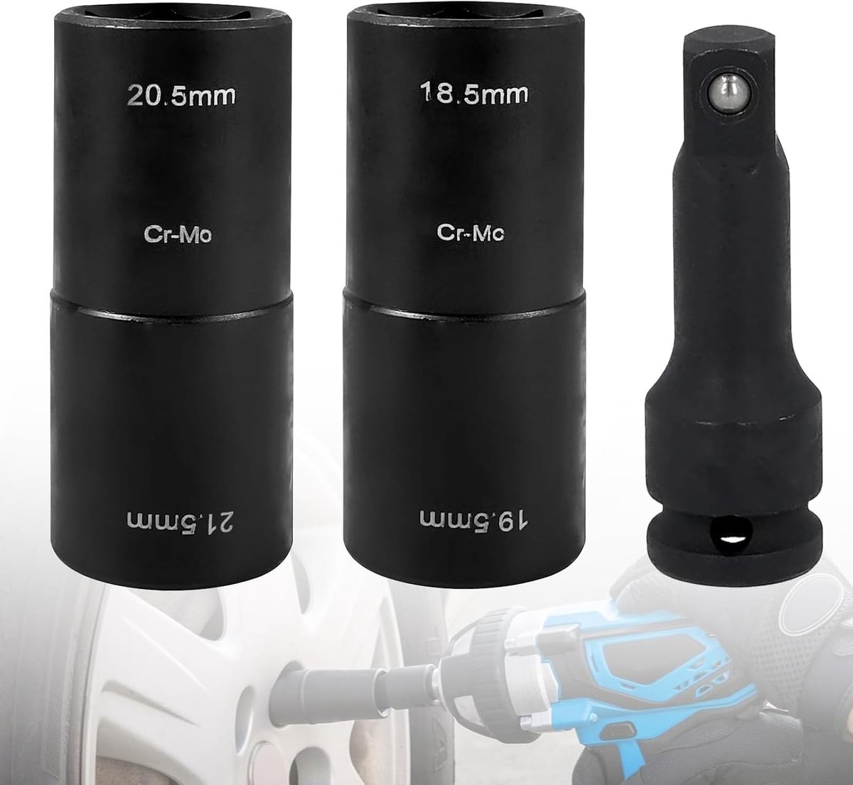 Set van 3 dubbele kop slagmoersleutels, 18.5/19.5/20.5/21.5 mm, 1/2 inch verlenging, geschikt voor alle modellen | Krachtverlenging, slagmoer gereedschap, wielmoeren sleutel
