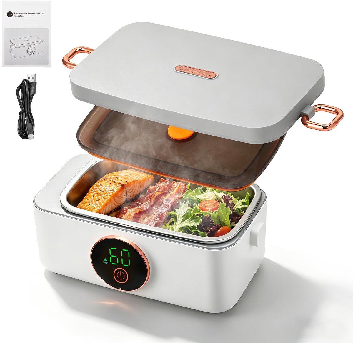 SnelShoppen - Draadloze Elektrische Lunch Doos met Accu, Draagbare Verhitte Lunchbox, 1 L, Uitneembare RVS Lunchbak, Geïsoleerd en Zelfverwarmend, 6 T