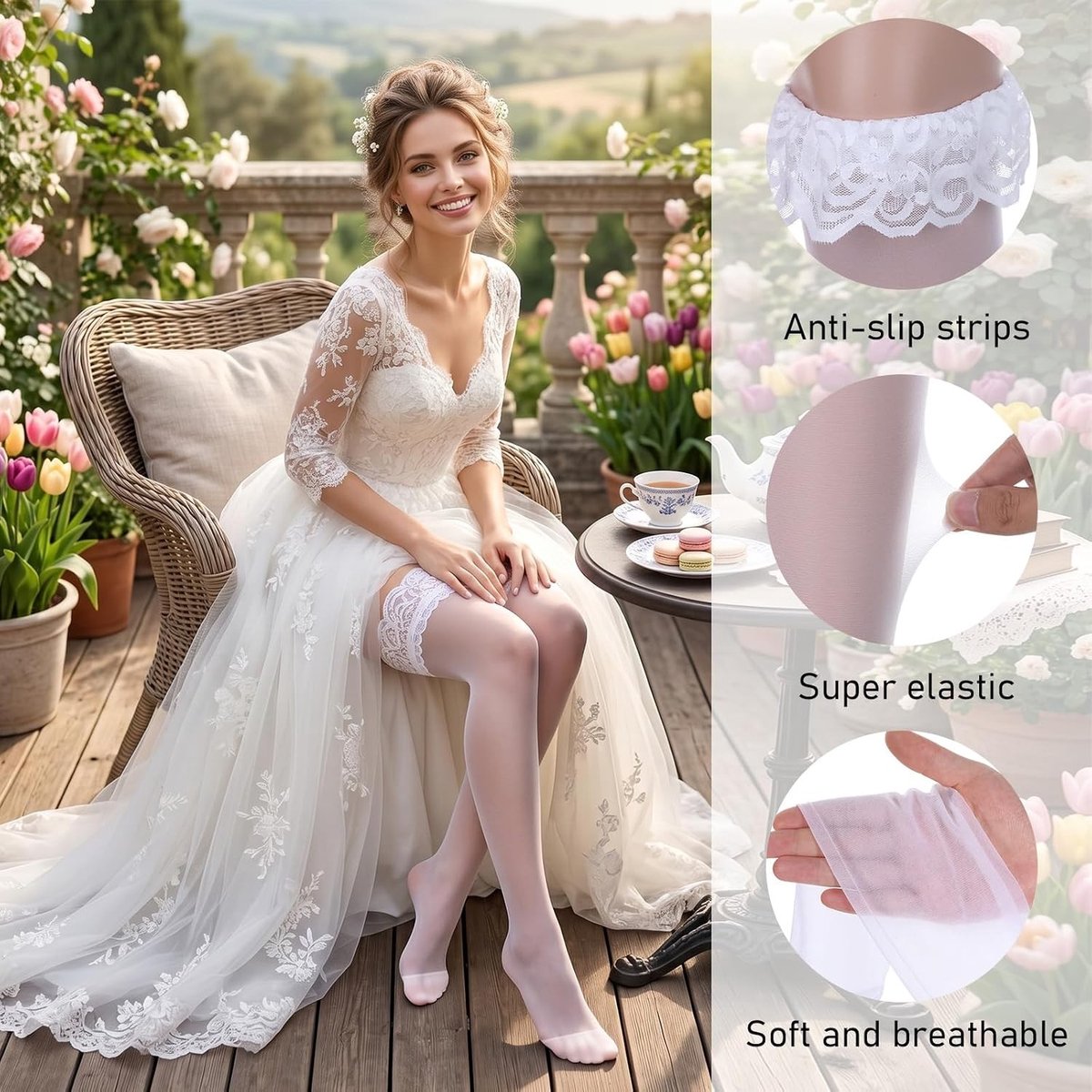 Elegante witte kanten kousen voor vrouwen, antislip siliconen, perfect voor bruiloften en dagelijkse outfits
