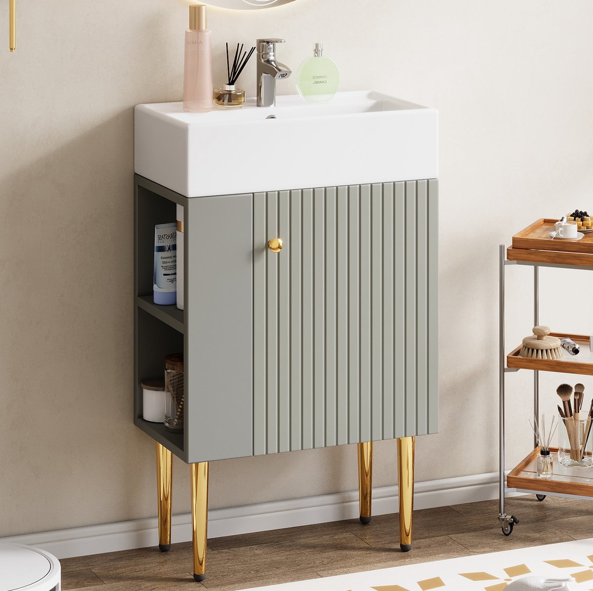 MODENUIT Badkamermeubel - Wastafelonderkast Met Zijvakken - Voor Kleine Badkamer - Grijs Wit MDF - 55 cm