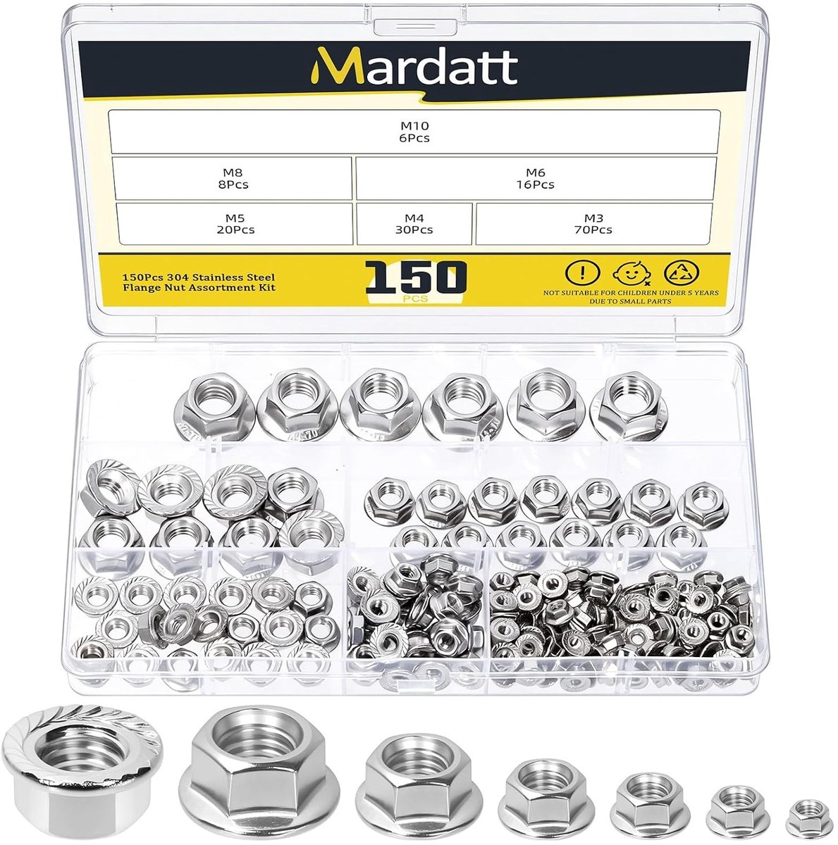 150 Stuks RVS Flensmoeren M3 M4 M5 M6 M8 M10, Knurled Flensmoeren voor DIY Mechanismen en Bevestigingen