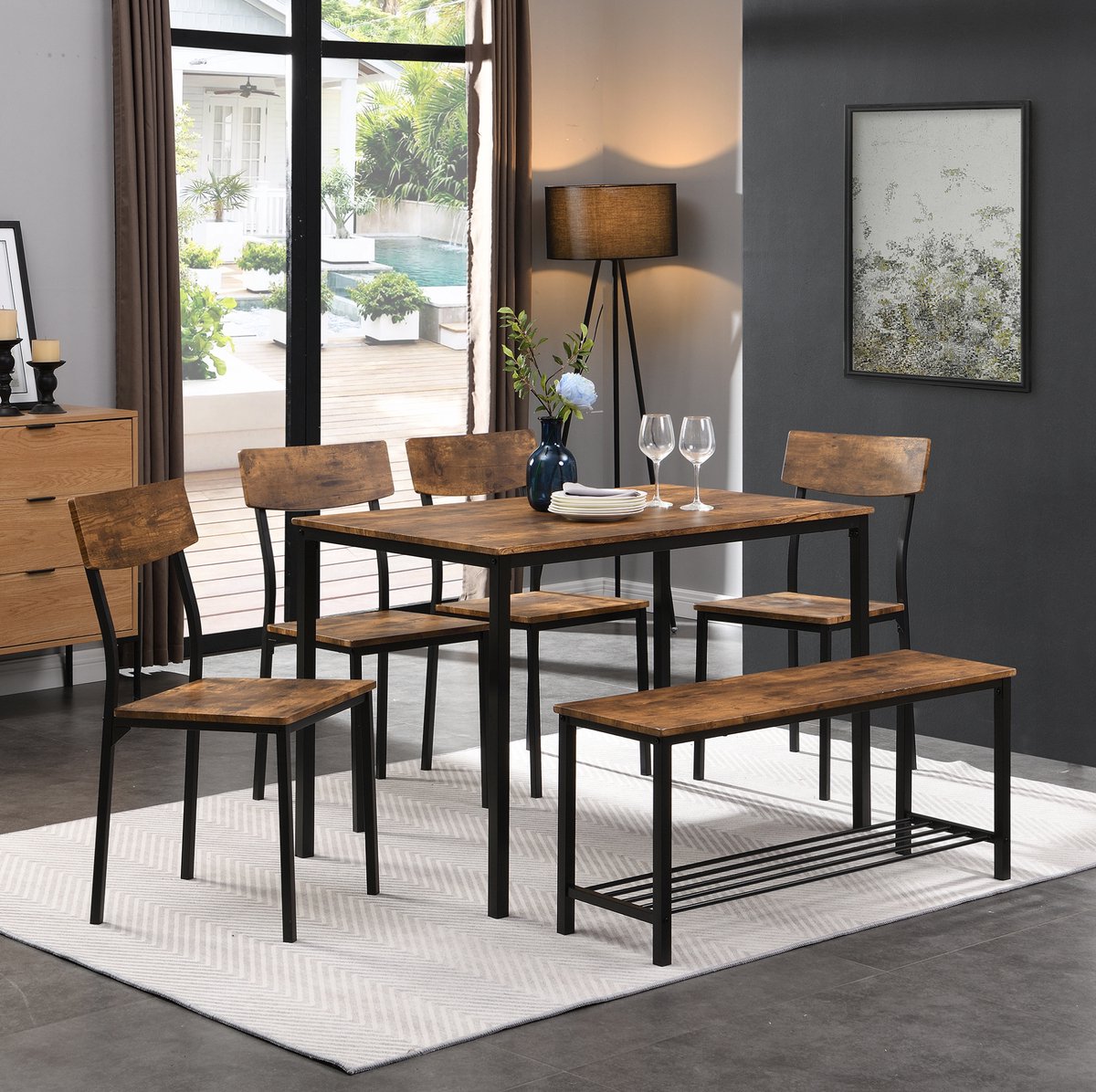 COVREO Eettafel set 110x70x75 cm bruin, hout en metaal met 4 stoelen en bank