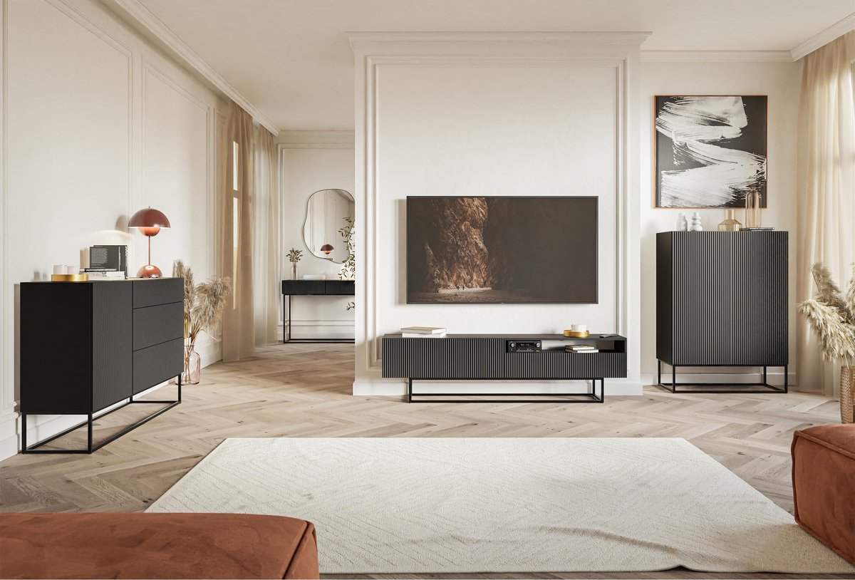 SnelShoppen - Kaptafel Veldio 110 cm zwart met zwarte metalen poten, moderne vanity desk zonder spiegel, minimalistisch design, frezen lamellenfront,