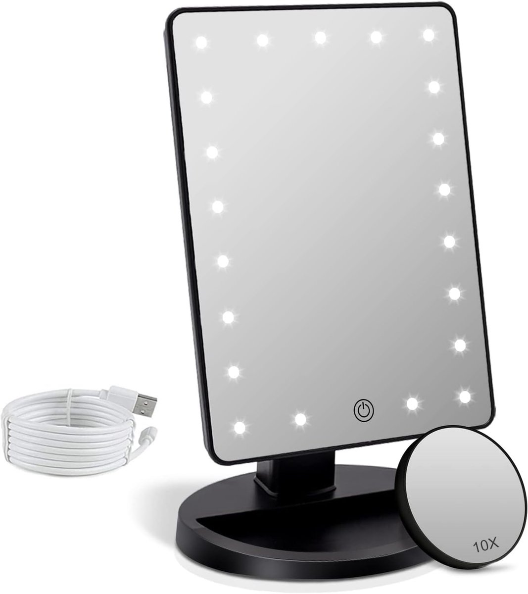 Thijox - FASCINATE Make-upspiegel met LED licht, 1x/10x vergroting, draaibaar 180°, instelbare helderheid, krasbestendig en draagbaar, Zwart voor dage