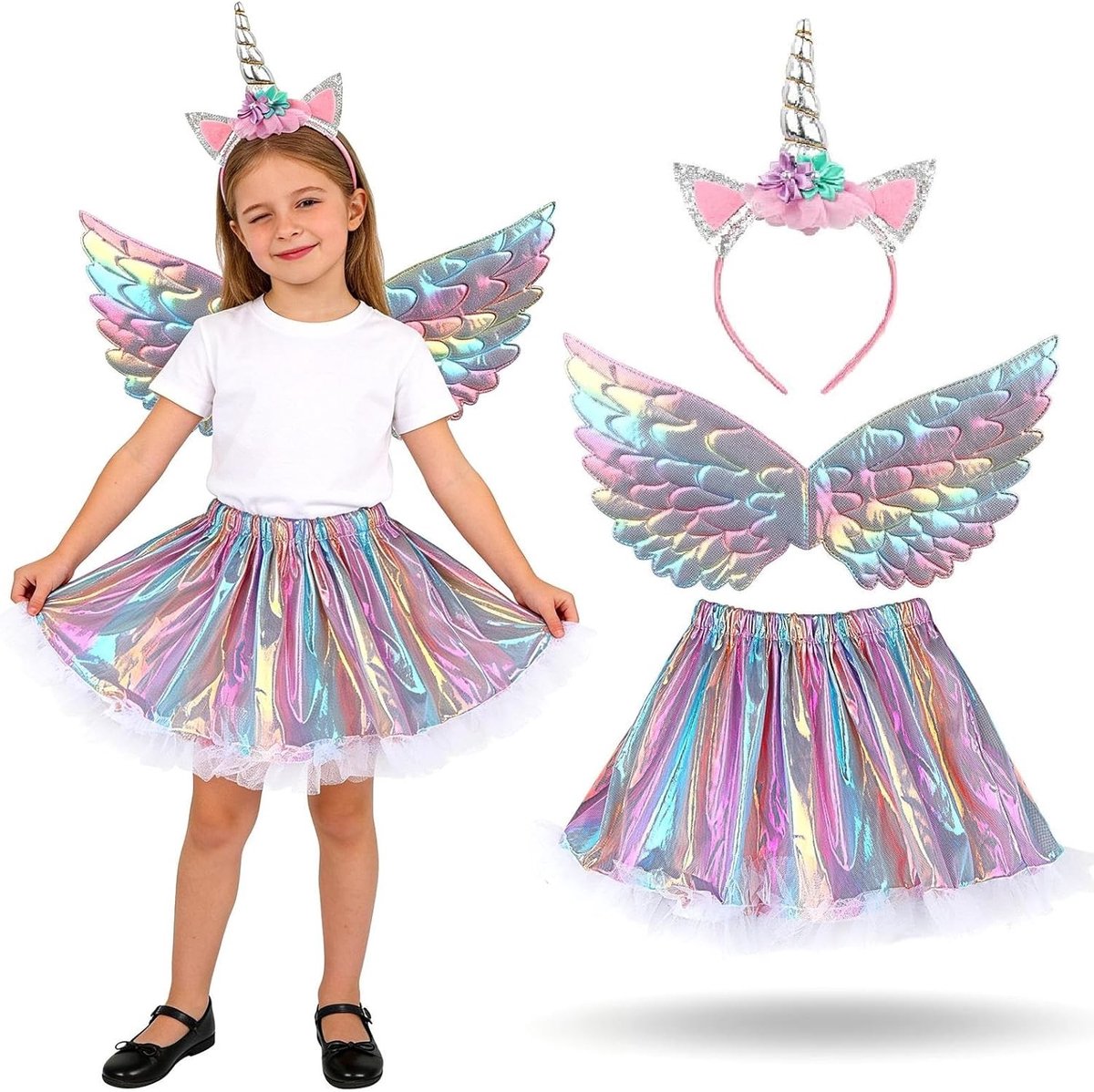 Magisch Eenhoorn Kostuum voor Kinderen, 3-delig, Regenboog Outfit voor Meisjes, Carnaval, Feest, Cosplay, Themafeest, Inclusief Hoofdband en Vleugels